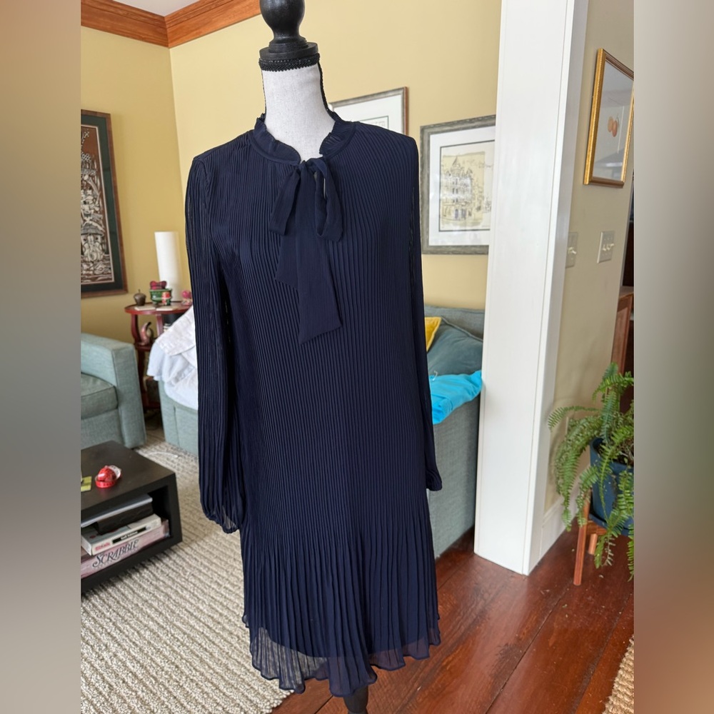 DNKY blue pleated pull on dress with neck bow details, size 10